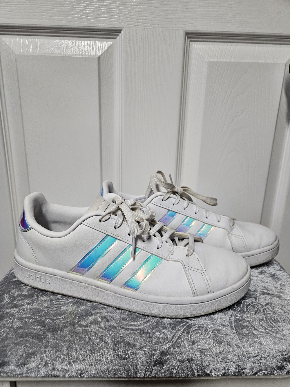 adidas Women's White Sneakers with Iridescent Three Stripes